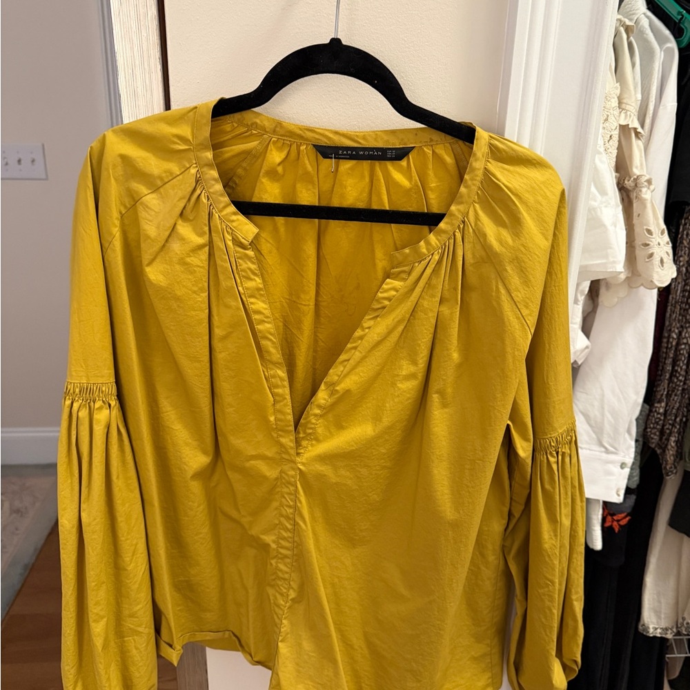Zara Yellow Ruched Puff Sleeve Blouse